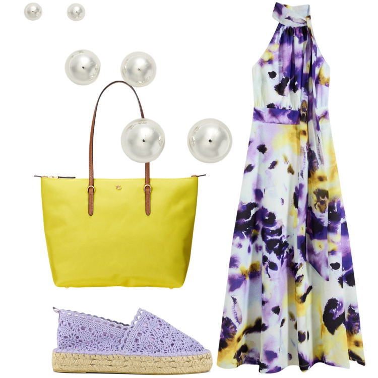 Outfit donna - Dress lungo. Stile Bon Ton per Tutti i giorni. Abbinamento con vestiti lunghi, borse tote, orecchini, espadrillas.