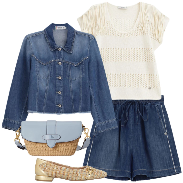 Outfit donna - Boho-Chic Summer Breeze. Stile Boho per Tutti i giorni. Abbinamento con ballerine, blazer, top, shorts, borse a spalla.