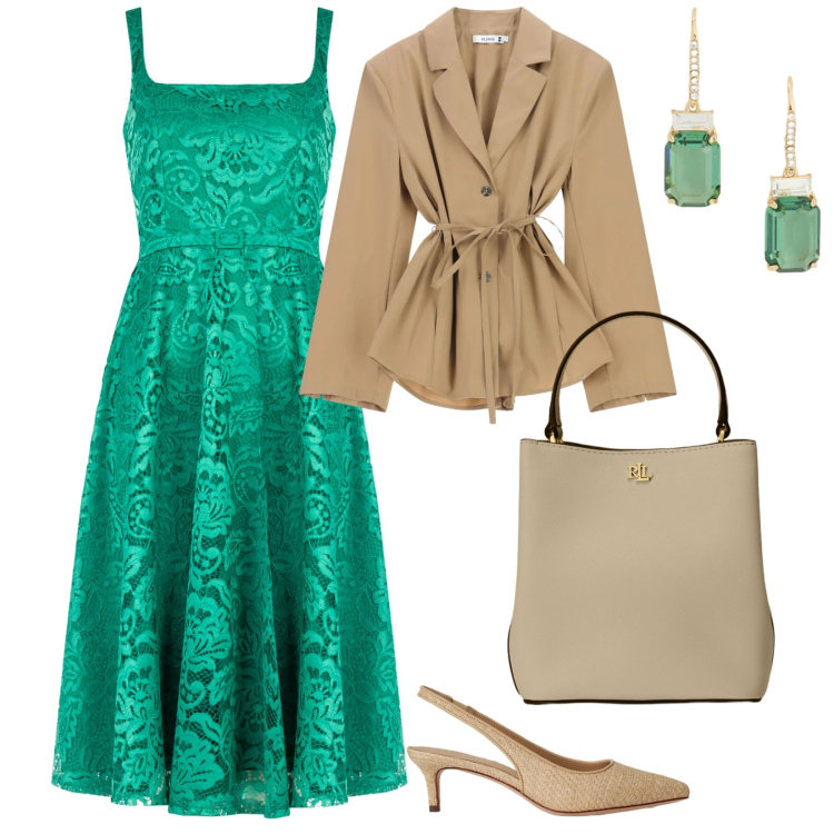Outfit donna - Eleganza tutto il giorno. per Tutti i giorni. Abbinamento con blazer, vestiti midi/longuette, borse a secchiello, décolleté, orecchini.