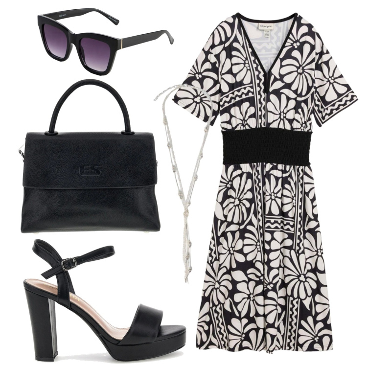 Outfit donna - Sandalo con plateau. Stile Urban per Tutti i giorni. Abbinamento con occhiali da sole, vestiti midi/longuette, collane, borse a tracolla, sandali col tacco.