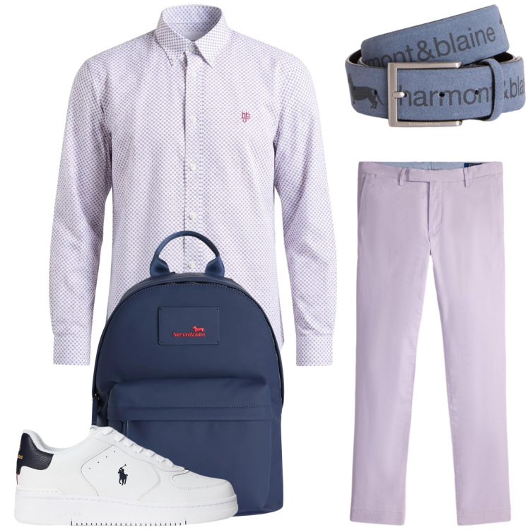 Outfit uomo - Pastel Smart-Casual Vibe. Stile Casual per Ufficio. Abbinamento con cinture, borse sportive, camicie, sneakers, pantaloni.