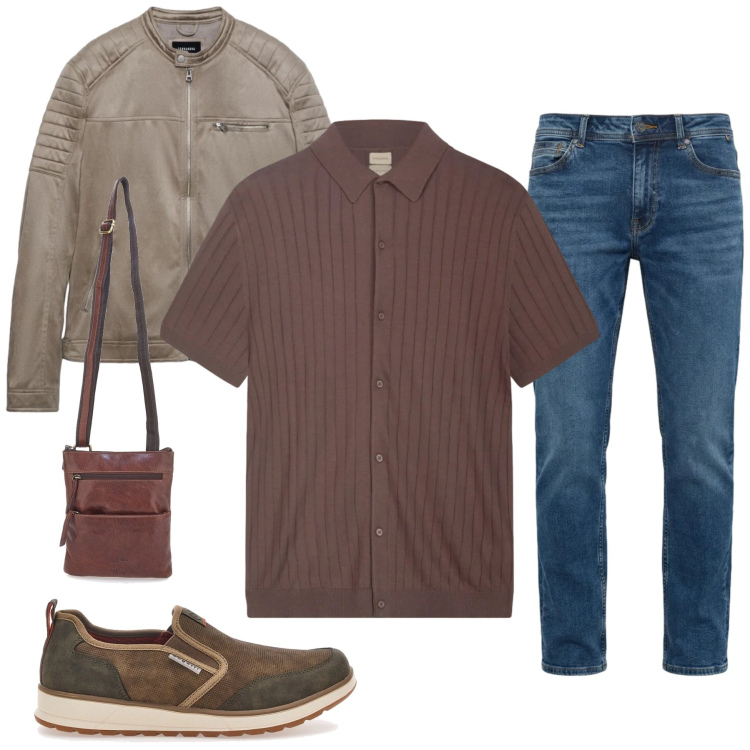 Outfit uomo - Earthy Modern Casual. Stile Urban per Tutti i giorni. Abbinamento con giacche, jeans, portafogli, sneakers, polo.