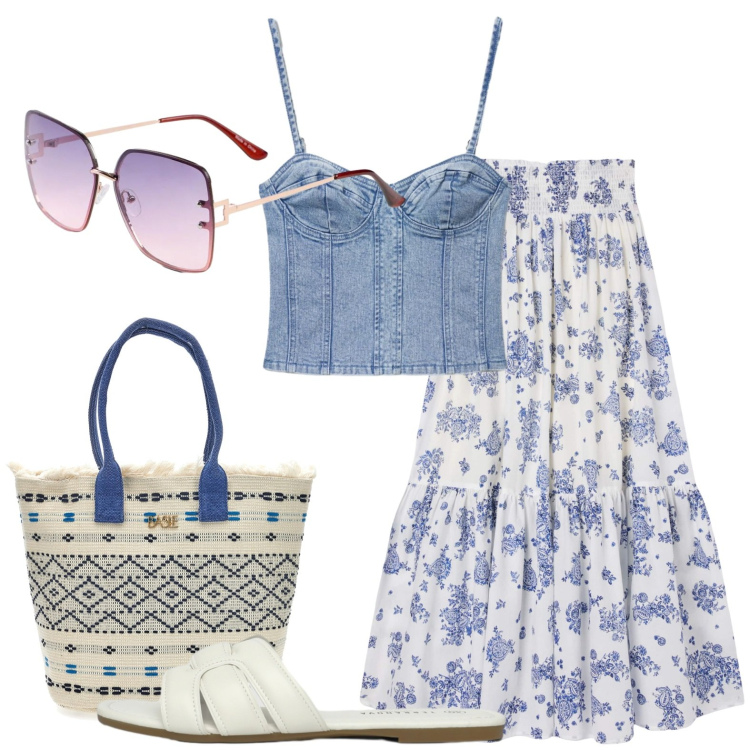 Outfit donna - Spirito gitano. Stile Etnico per Tutti i giorni. Abbinamento con occhiali da sole, gonne lunghe, top, ciabatte, borse a mano.
