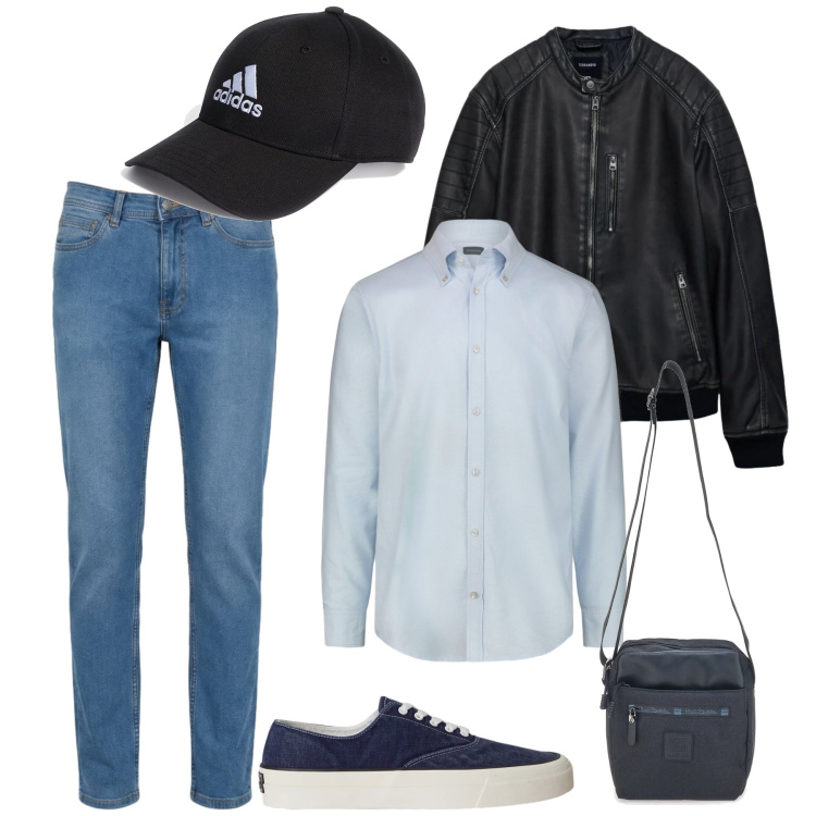 Outfit uomo - Urban Edge Casual. Stile Urban per Tutti i giorni. Abbinamento con giacche, jeans, sneakers, portafogli, cappelli con visiera, camicie.