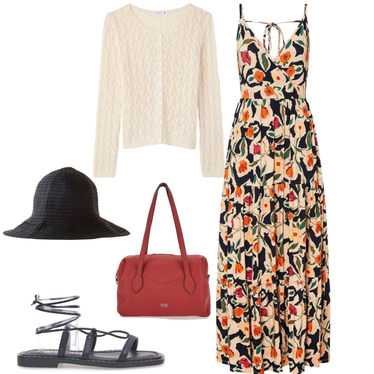 Outfit donna - Abito lungo per il giorno. Stile Etnico per Tutti i giorni. Abbinamento con cappelli, vestiti lunghi, cardigans, sandali alla schiava, borse a spalla.
