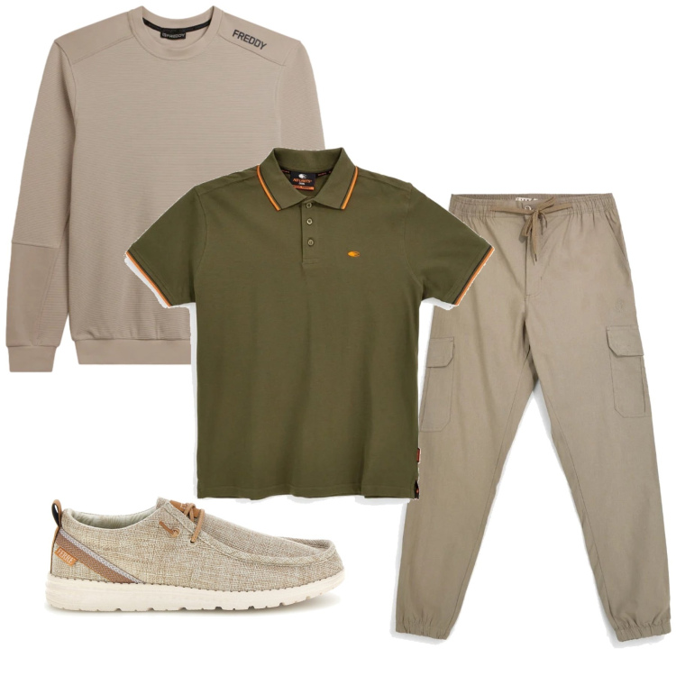 Outfit uomo - Cargo Comfort & Earthy Tones. Stile Urban per Tutti i giorni. Abbinamento con felpe, pantaloni cargo, scarpe stringate, polo.