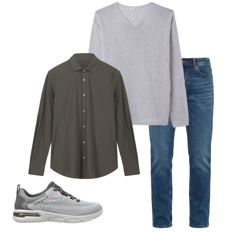 Outfit uomo - Effortless Grey & Denim Layers. Stile Urban per Tutti i giorni. Abbinamento con maglieria, jeans, camicie, sneakers.