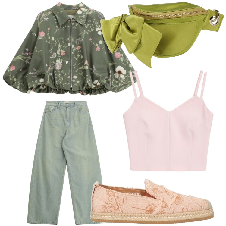 Outfit donna - Bomber fiorito. Stile Casual per Tutti i giorni. Abbinamento con marsupi, espadrillas, jeans, bomber, top.