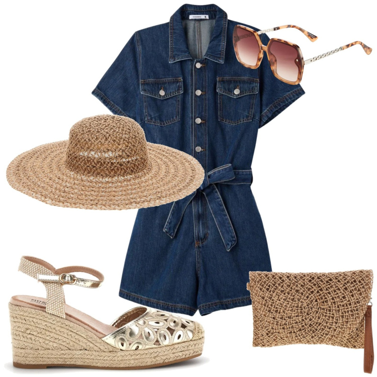 Outfit donna - Tutina in denim. Stile Vintage retrò per Mare. Abbinamento con occhiali da sole, tuta corta, zeppe, borse a tracolla, cappelli.