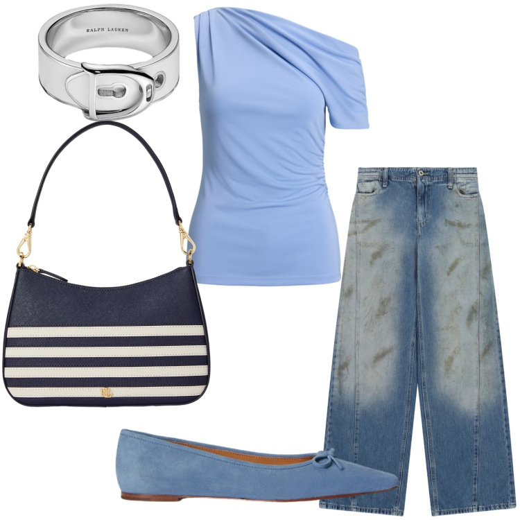 Outfit donna - Top sofisticato. Stile Bon Ton per Tutti i giorni. Abbinamento con jeans, borse a spalla, ballerine, top, anelli.