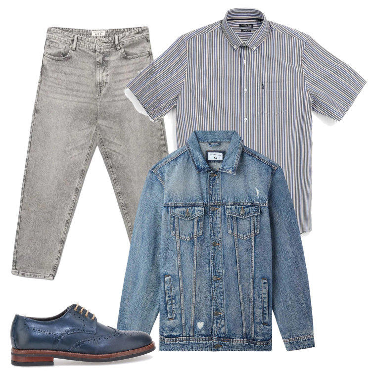 Outfit uomo - Rugged Stripes & Denim Fusion. Stile Urban per Tutti i giorni. Abbinamento con giacche, jeans, scarpe stringate, camicie a manica corta.