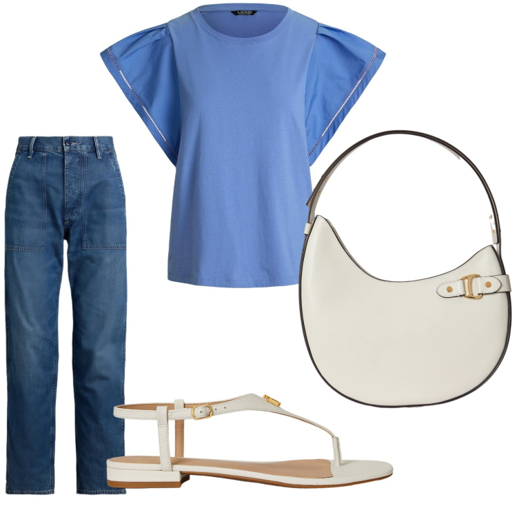 Outfit donna - Minimal. Stile Basic per Tutti i giorni. Abbinamento con top, borse a spalla, sandali in pelle, jeans.