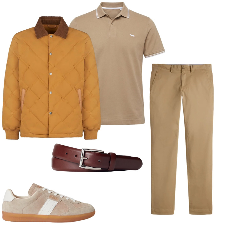Outfit uomo - Mustard & Earthy Casual. Stile Trendy per Tutti i giorni. Abbinamento con polo, cinture, pantaloni chino, sneakers, giacche.