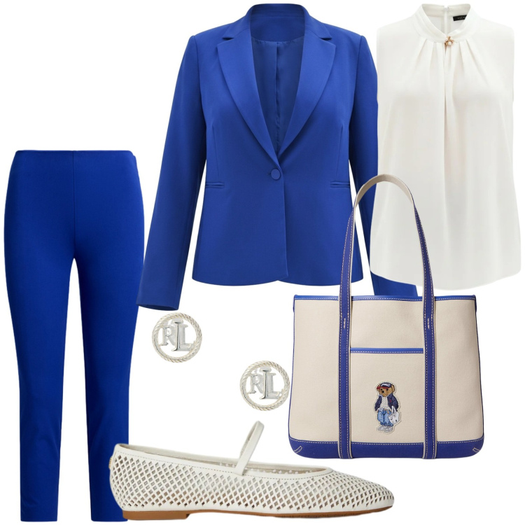 Outfit donna - Ballerine traforate. Stile Chic per Ufficio. Abbinamento con top, blazer, orecchini, borse tote, ballerine, pantaloni.