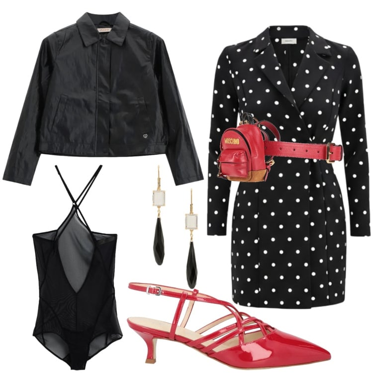Outfit donna - Pois e body. Stile Casual per Serata fuori. Abbinamento con marsupi, body, décolleté, blazer, vestiti corti, orecchini.