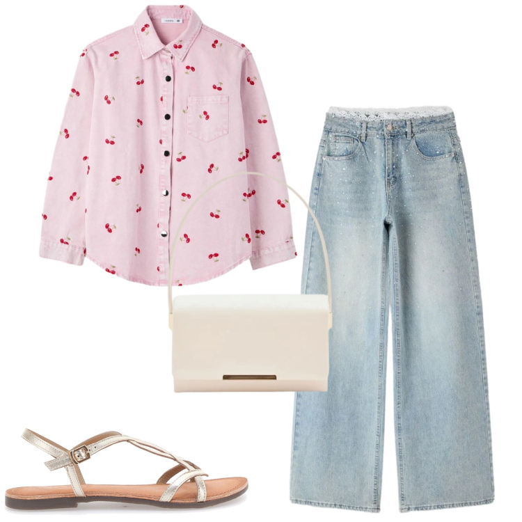 Outfit donna - Maggio. Stile Casual per Tutti i giorni. Abbinamento con jeans, camicie, pochette, sandali.