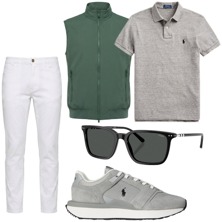 Outfit uomo - Smanicato green. Stile Casual per Tutti i giorni. Abbinamento con gilet, jeans, polo, occhiali da sole, sneakers.