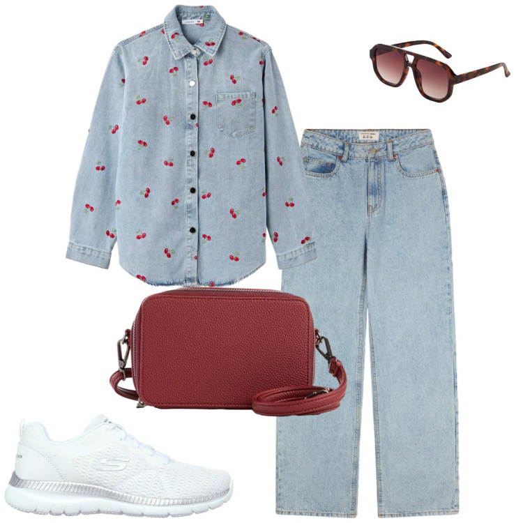 Outfit donna - City. Stile Casual per Tutti i giorni. Abbinamento con occhiali da sole, borse a tracolla, jeans, camicie, sneakers.