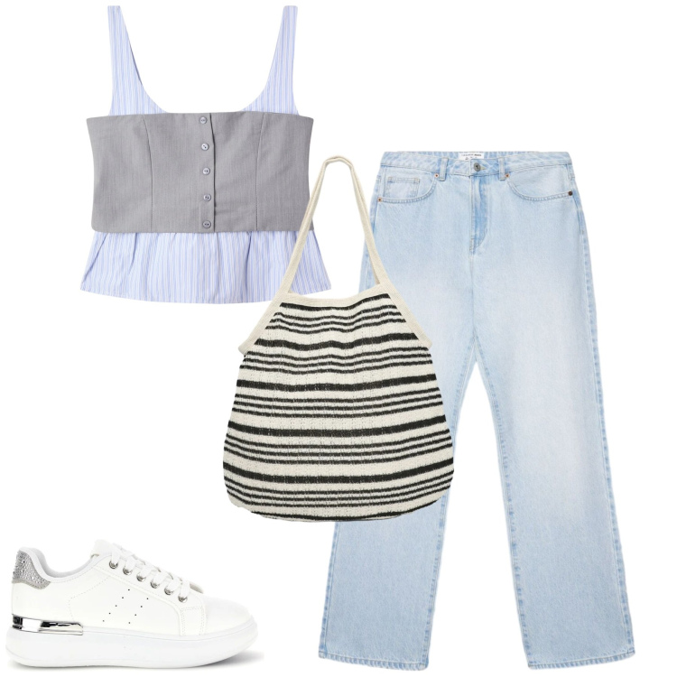 Outfit donna - Total look #2393490. Stile Casual per Tutti i giorni. Abbinamento con top, jeans dritti, shopping bag, sneakers.