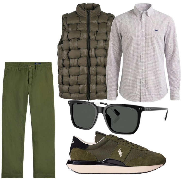 Outfit uomo - Al mare. Stile Casual per Tutti i giorni. Abbinamento con camicie, gilet, occhiali da sole, sneakers, pantaloni.