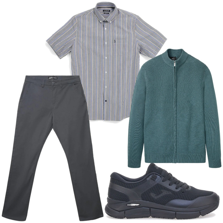 Outfit uomo - Cardigan versatile. Stile Casual per Ufficio. Abbinamento con cardigans, pantaloni chino, sneakers, camicie a manica corta.