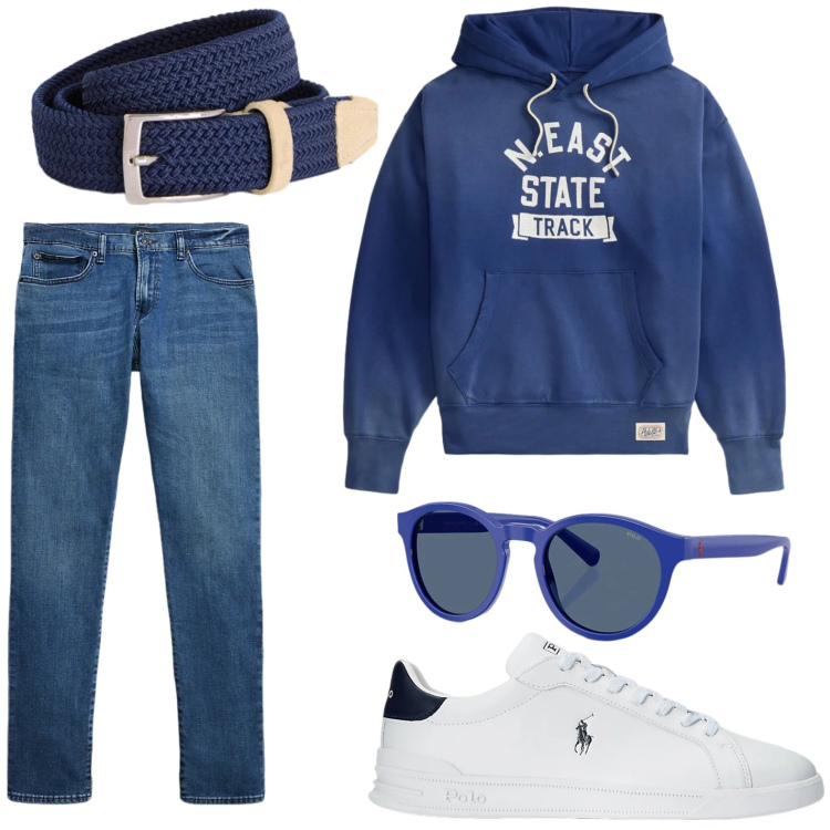 Outfit uomo - In montagna. Stile Casual per Tutti i giorni. Abbinamento con cinture, sneakers, jeans, occhiali da sole, felpe con cappuccio.