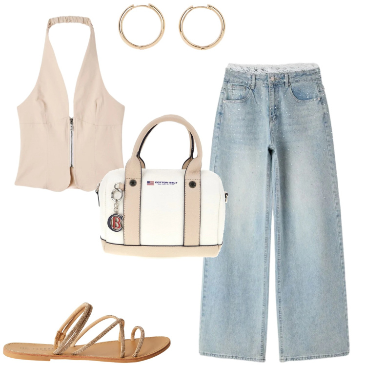 Outfit donna - Total look #2393496. Stile Casual per Tutti i giorni. Abbinamento con orecchini, sandali, top, jeans, borse a mano.