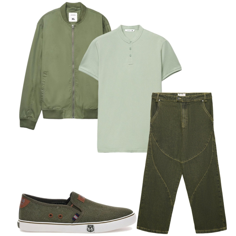 Outfit uomo - Total look #2393505. Stile Trendy per Tutti i giorni. Abbinamento con jeans dritti, bomber, polo, scarpe stringate.