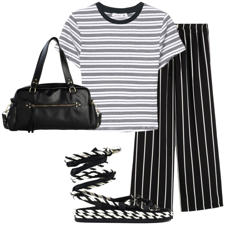Outfit donna - Vedo solo righe. Stile Urban per Tutti i giorni. Abbinamento con pantaloni, borse a mano, t-shirt, sandali.