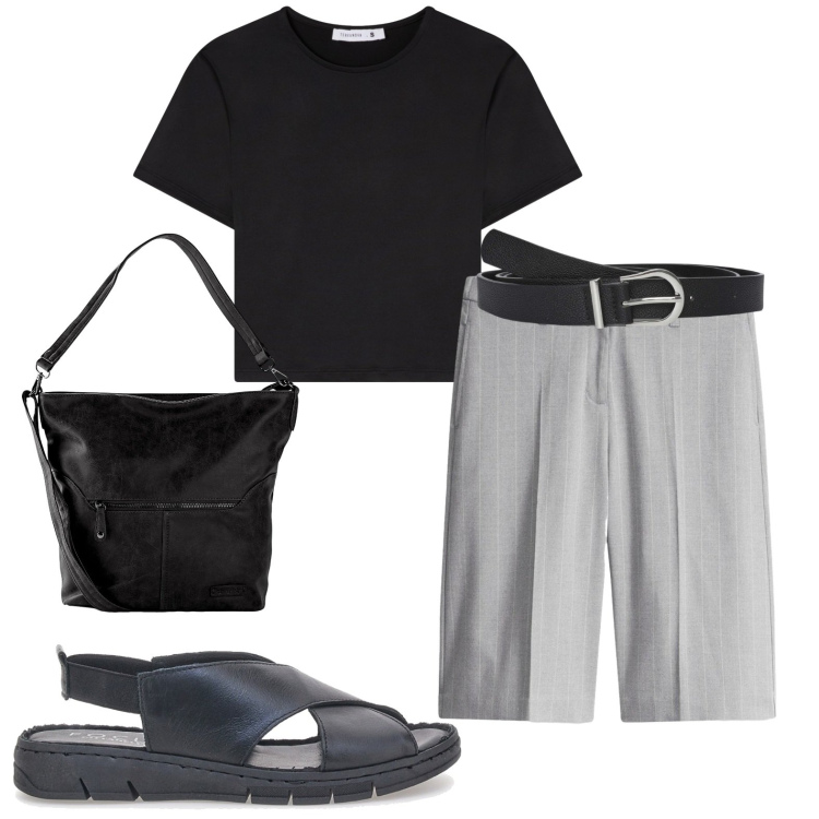 Outfit donna - Bermuda in Maggio. Stile Mannish per Tutti i giorni. Abbinamento con borse a spalla, bermuda, cinture, t-shirt, sandali in pelle.