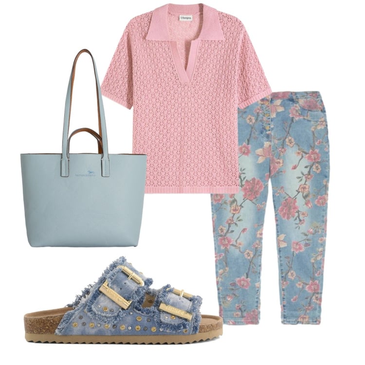 Outfit donna - Total look #2393521. Stile Casual per Tutti i giorni. Abbinamento con polo, shopping bag, jeans, sandali.