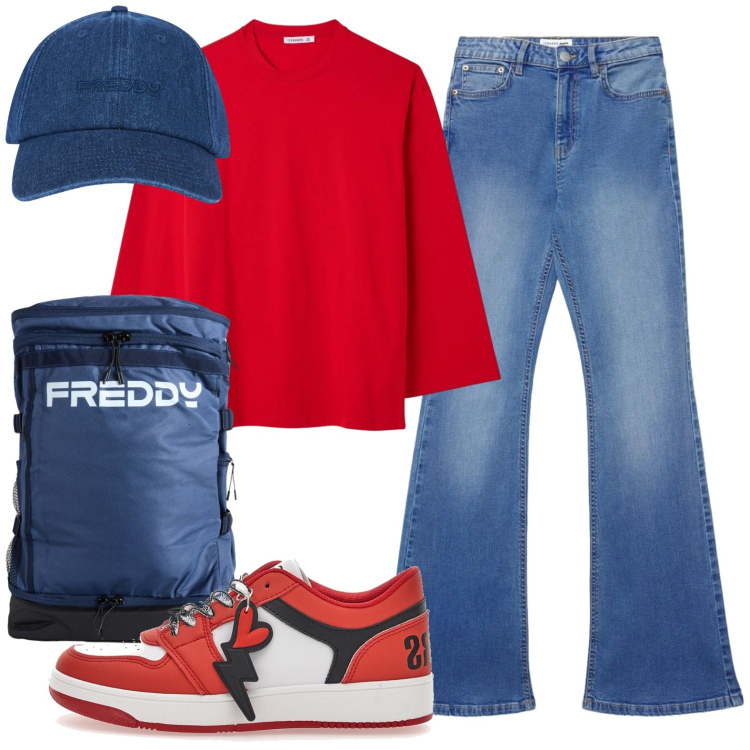 Outfit donna - Gita scolastica. Stile Casual per Scuola/Università. Abbinamento con jeans a zampa, t-shirt, cappelli con visiera, zaini, sneakers.