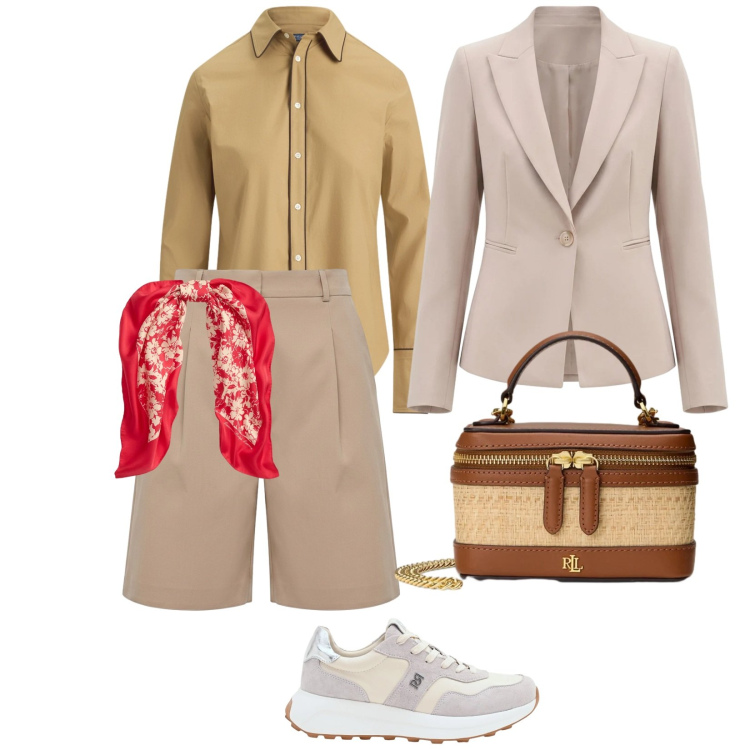 Outfit donna - Cintura a foulard. per Ufficio. Abbinamento con blazer, sneakers, bermuda, foulard, borse a tracolla, camicie.