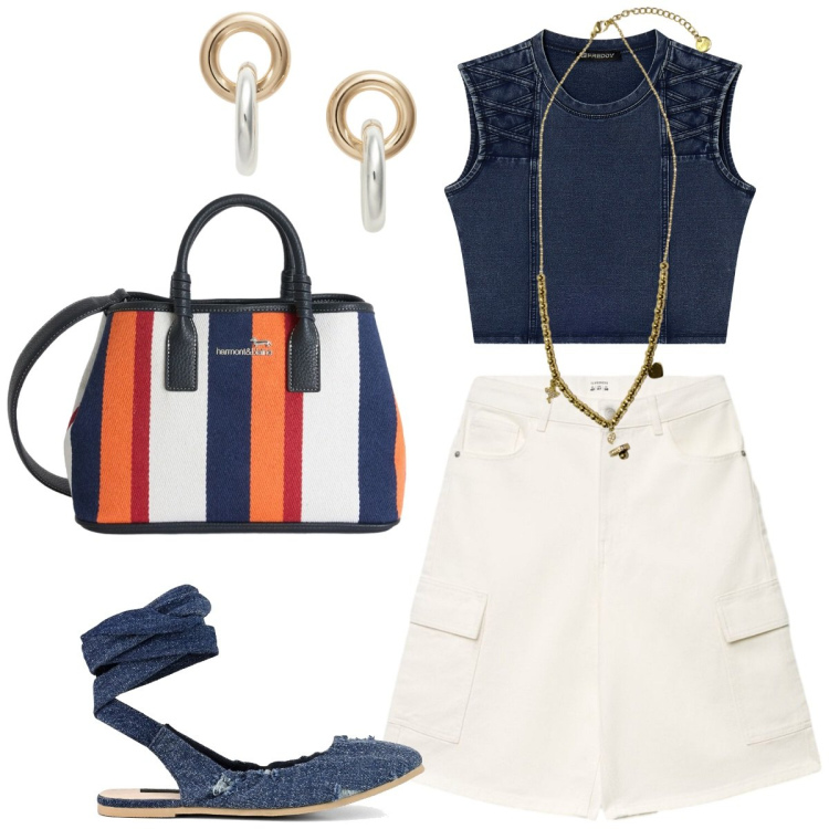 Outfit donna - Gita fuori porta. Stile Casual chic per Tutti i giorni. Abbinamento con pantaloni corti, shopping bag, top, ciondoli, orecchini, ballerine.
