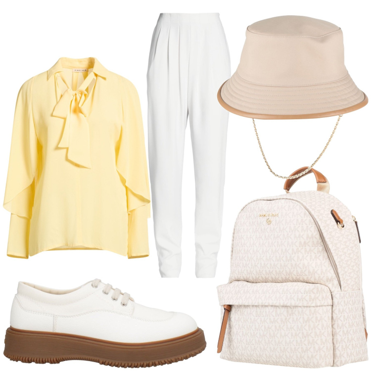 Outfit donna - Total look #2393527. Stile Casual chic per Scuola/Università. Abbinamento con pantaloni, zaini, top, cappelli, scarpe stringate.