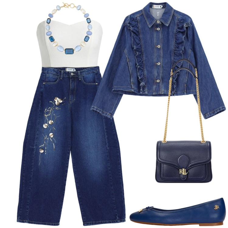 Outfit donna - Blazer di jeans. Stile Casual chic per Tutti i giorni. Abbinamento con blazer, jeans, top, ballerine, borse a spalla, collane.