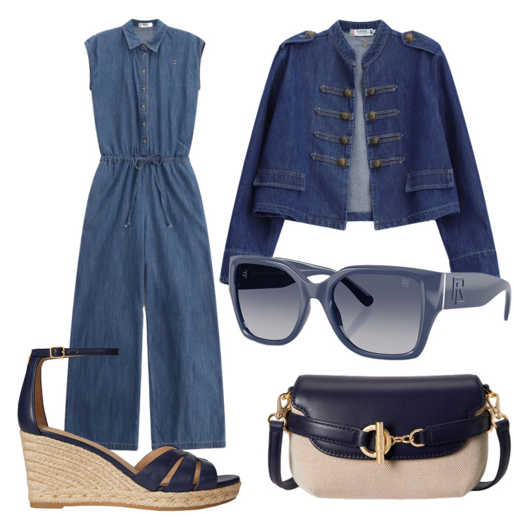 Outfit donna - Total look #2393531. Stile Trendy per Ufficio. Abbinamento con blazer, tute, occhiali da sole, borse a tracolla, zeppe.