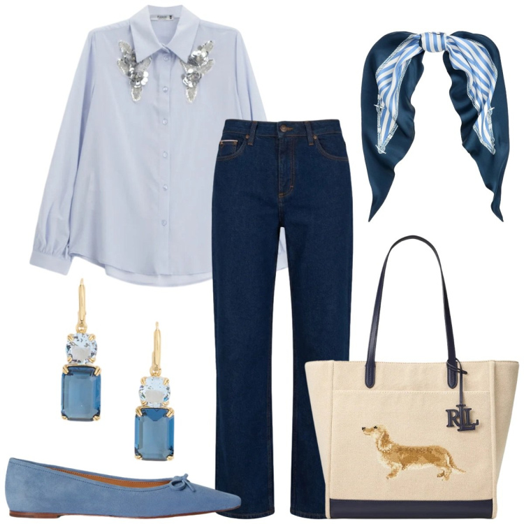 Outfit donna - Denim sofisticato. Stile Casual chic per Tutti i giorni. Abbinamento con jeans, camicie, ballerine, borse tote, foulard, orecchini.