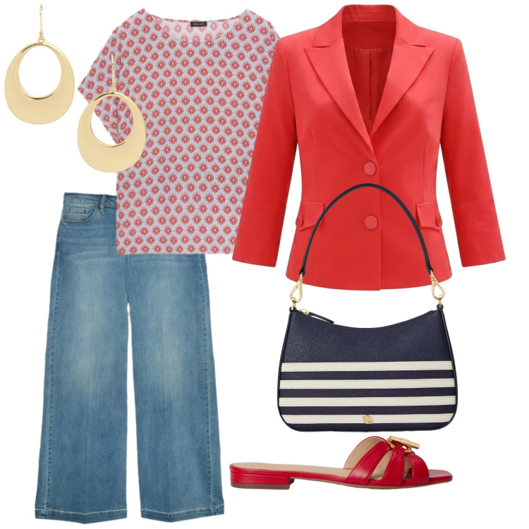 Outfit donna - Ciabattine rosse. per Tutti i giorni. Abbinamento con blazer, jeans, t-shirt, borse a spalla, ciabatte, orecchini.