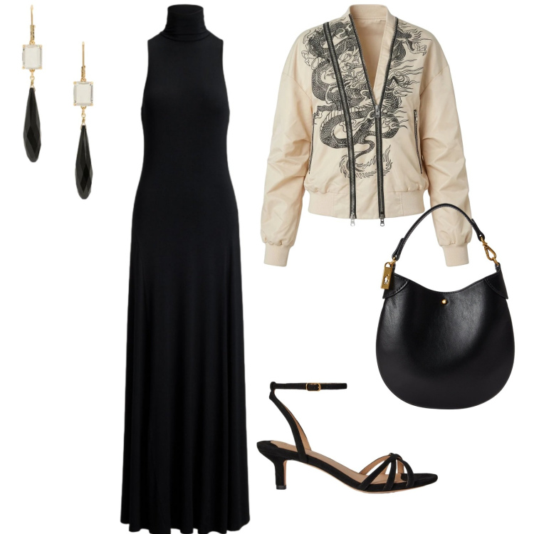 Outfit donna - Cena in lungo. per Serata fuori. Abbinamento con bomber, vestiti lunghi, pochette, orecchini, sandali col tacco.