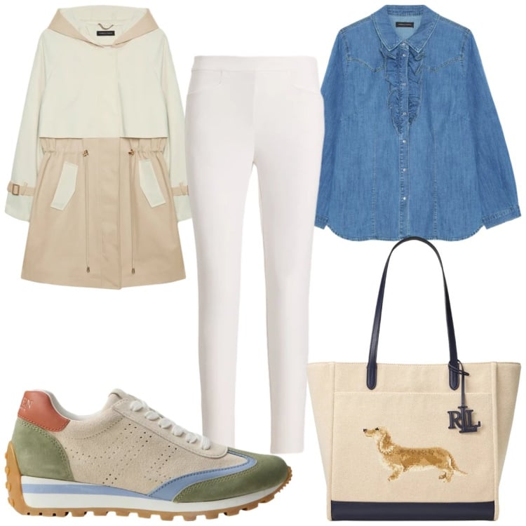 Outfit donna - Total look #2393538. Stile Casual per Tutti i giorni. Abbinamento con trench, camicie, pantaloni, borse tote, sneakers.