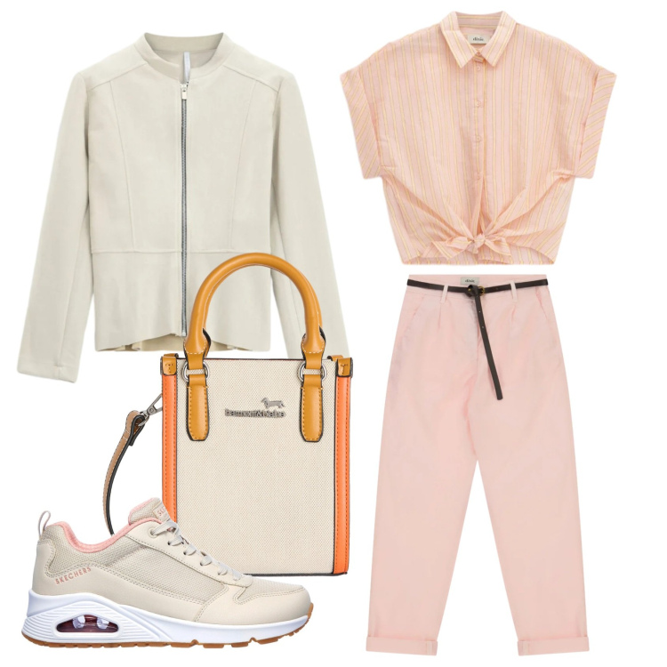 Outfit donna - Pesca per la primavera. Stile Casual per Tutti i giorni. Abbinamento con borse tote, blazer, camicie a manica corta, pantaloni, sneakers.