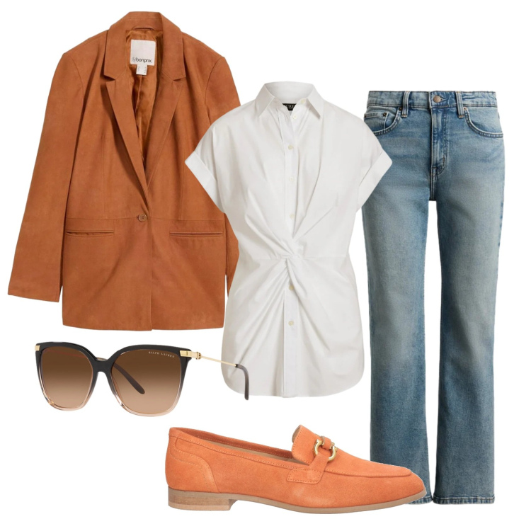 Outfit donna - Total look #2393540. Stile Casual per Ufficio. Abbinamento con mocassini, blazer, occhiali da sole, jeans dritti, camicie a manica corta.