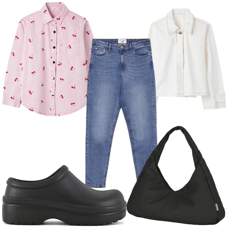 Outfit donna - Total look #2393543. Stile Casual per Tutti i giorni. Abbinamento con jeans skinny, cappotti, camicie, borse a spalla, zoccoli.