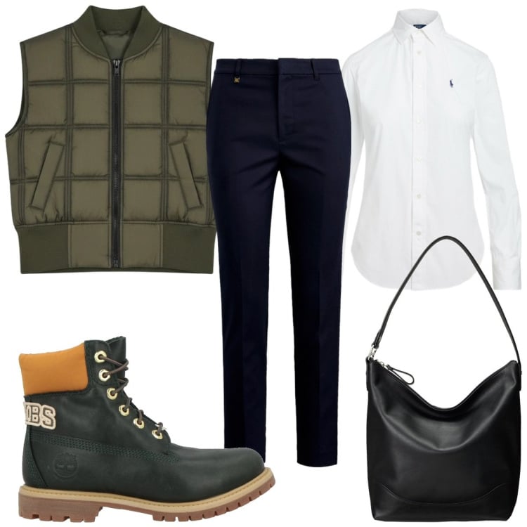 Outfit donna - Total look #2393546. Stile Casual per Tutti i giorni. Abbinamento con stivaletti, piumini, camicie, pantaloni, borse a secchiello.