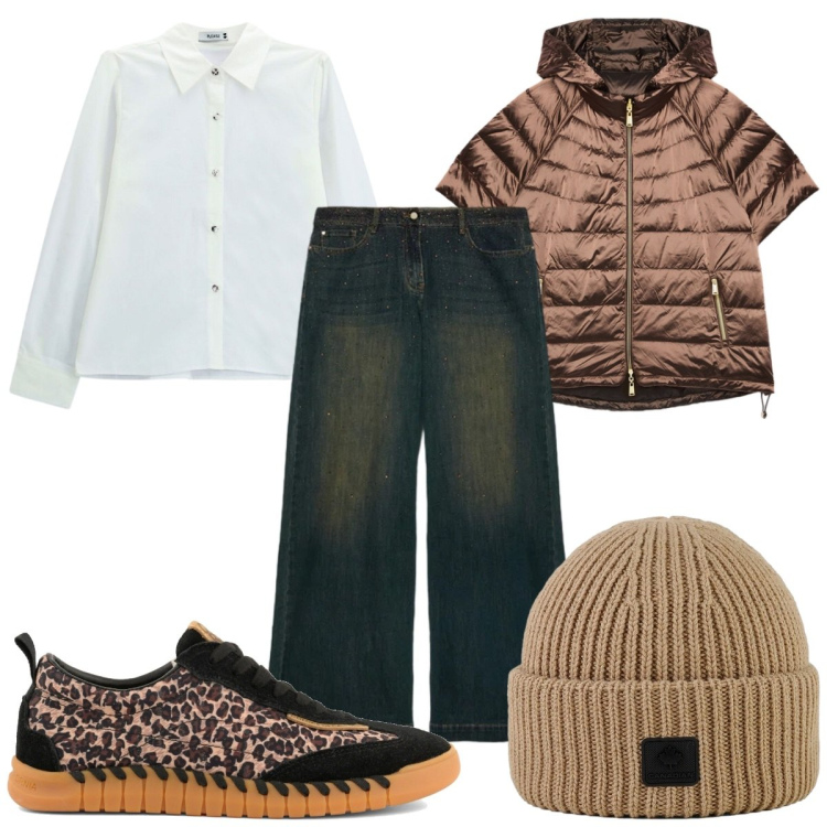 Outfit donna - Total look #2393550. Stile Trendy per Tutti i giorni. Abbinamento con camicie, piumini, jeans, berretti, sneakers.