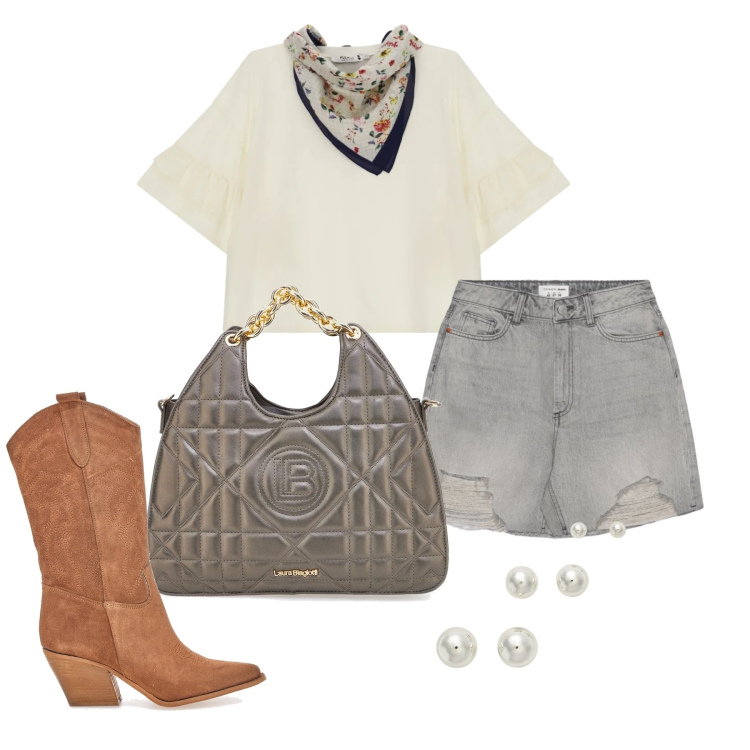Outfit donna - Maggio. Stile Urban per Tutti i giorni. Abbinamento con shorts, top, orecchini, borse a mano, stivaletti texani.