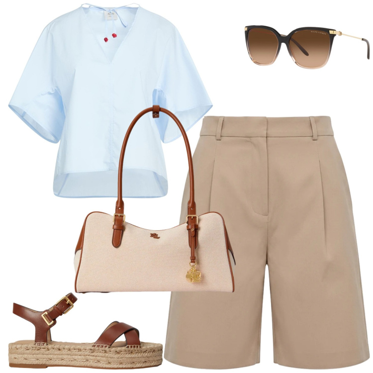 Outfit donna - City. Stile Basic per Tutti i giorni. Abbinamento con top, bermuda, occhiali da sole, espadrillas, borse a mano.
