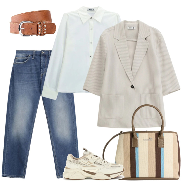 Outfit donna - Blazer a mezze maniche. Stile Casual per Scuola/Università. Abbinamento con cinture, jeans dritti, blazer, camicie, shopping bag, sneakers.