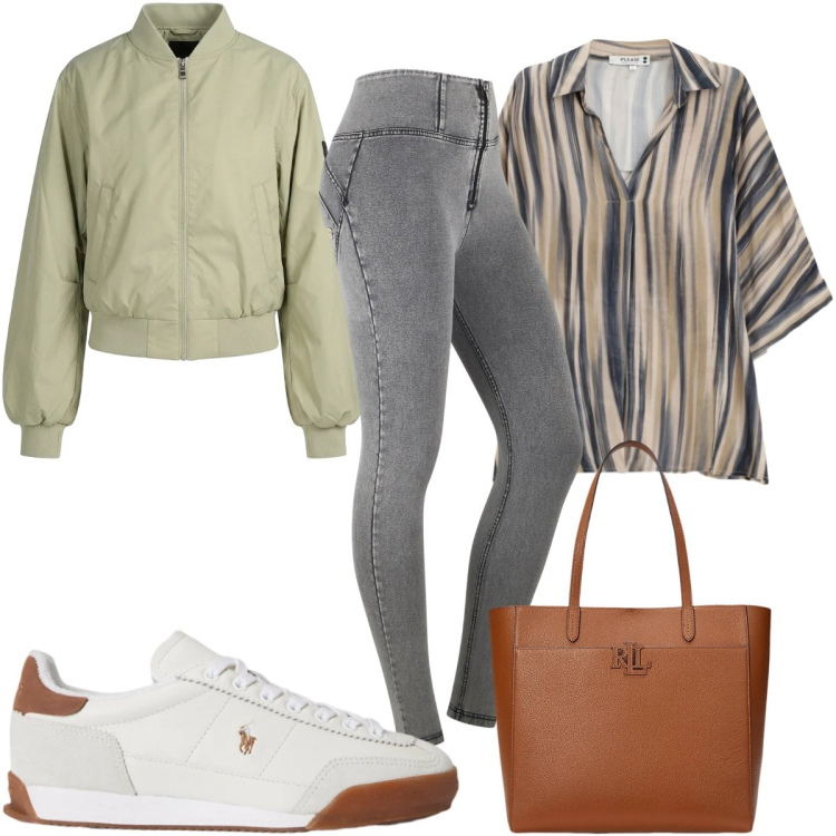 Outfit donna - Total look #2393557. Stile Basic per Tutti i giorni. Abbinamento con camicie, jeggings, bomber, borse tote, sneakers.